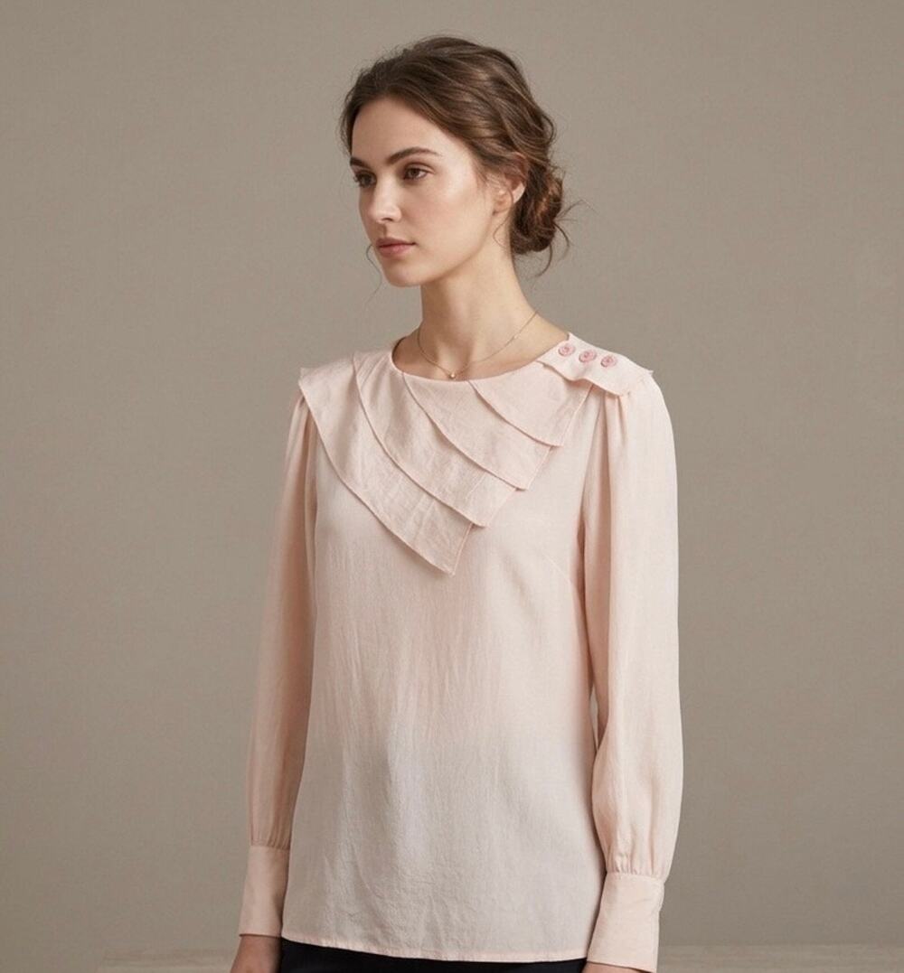 Valentina Russo 100% Silk Blouse Vintage Pink Layered Ruffle Long Sleeve Sz 10